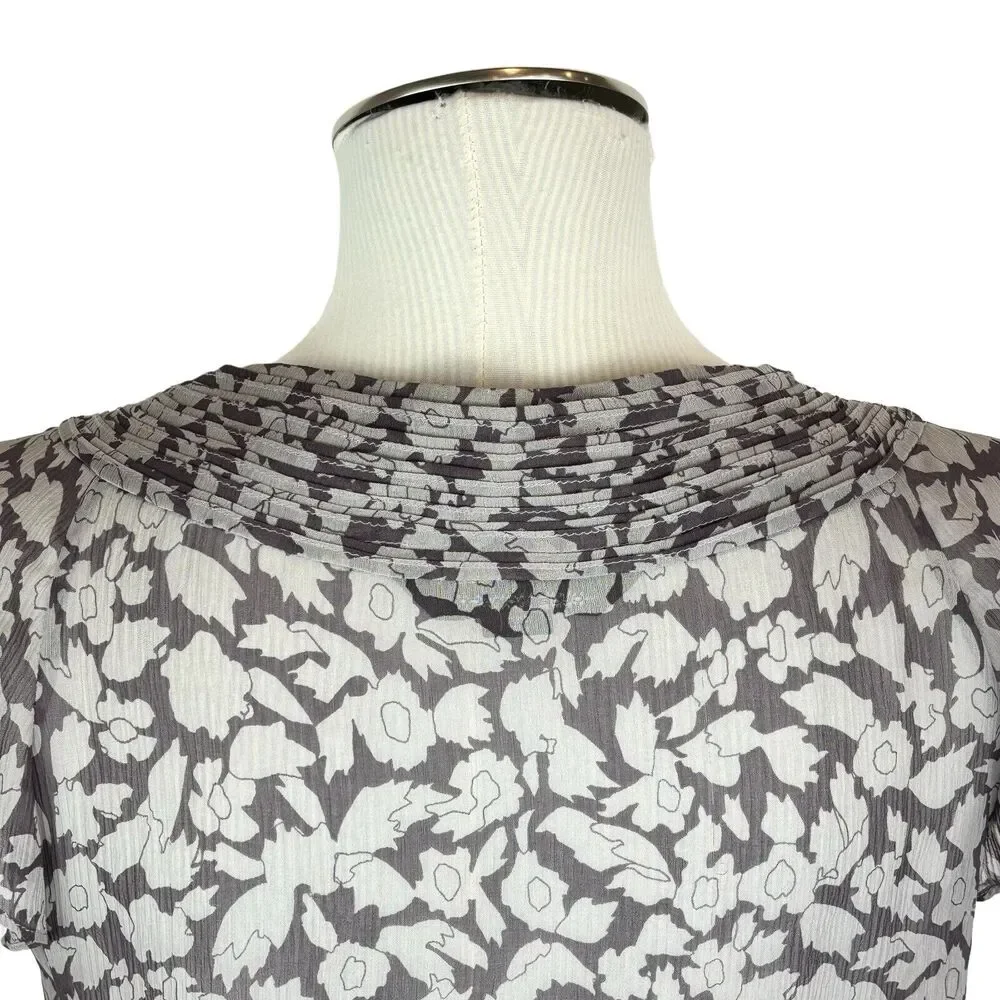 Club Monaco silk‎ chiffon flutter sleeve blouse Gray Brown print sheer Top Sz M - Picture 9 of 13